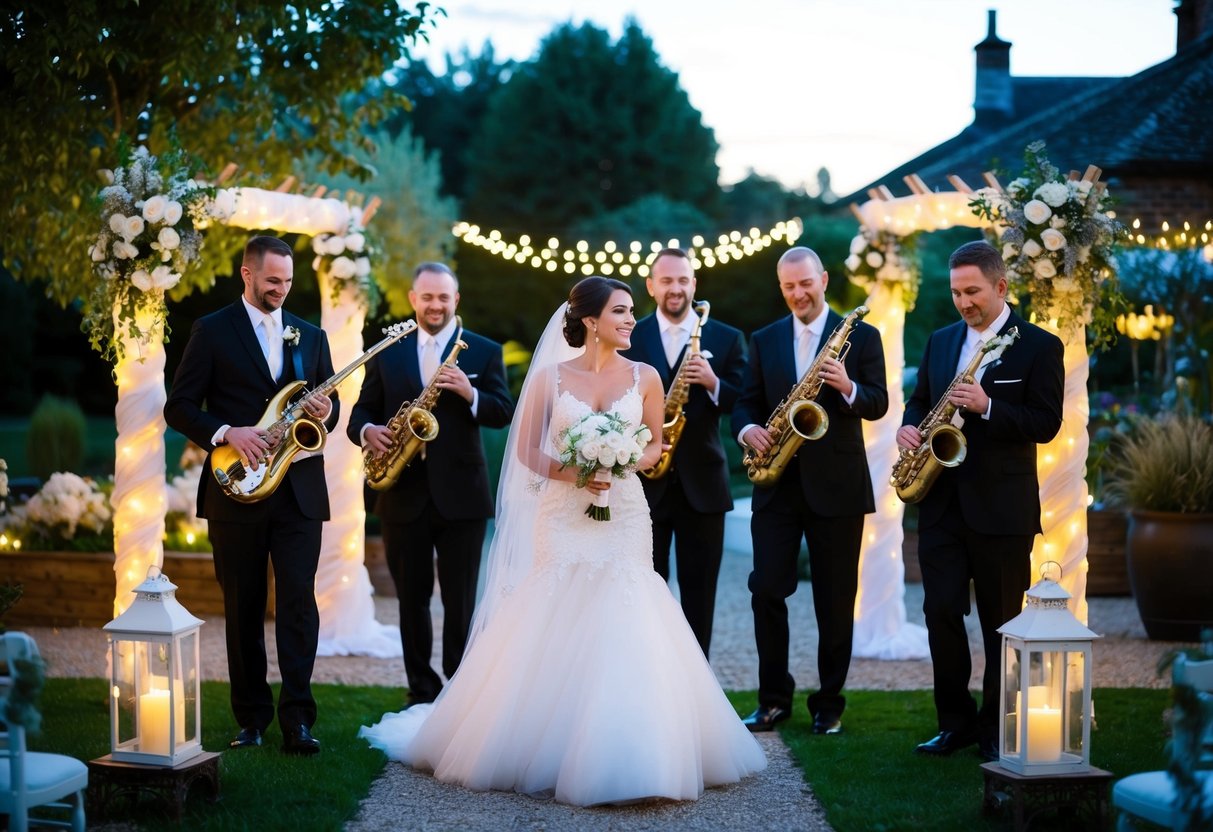 A wedding band starts playing at dusk, surrounded by twinkling lights and elegant decor in an outdoor garden setting