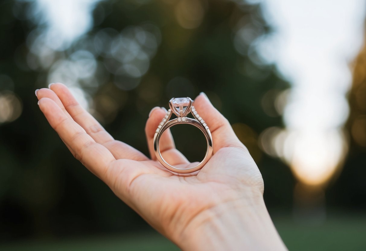 A hand reaches out, showcasing an engagement ring with a wedding band placed on top, creating a layered effect