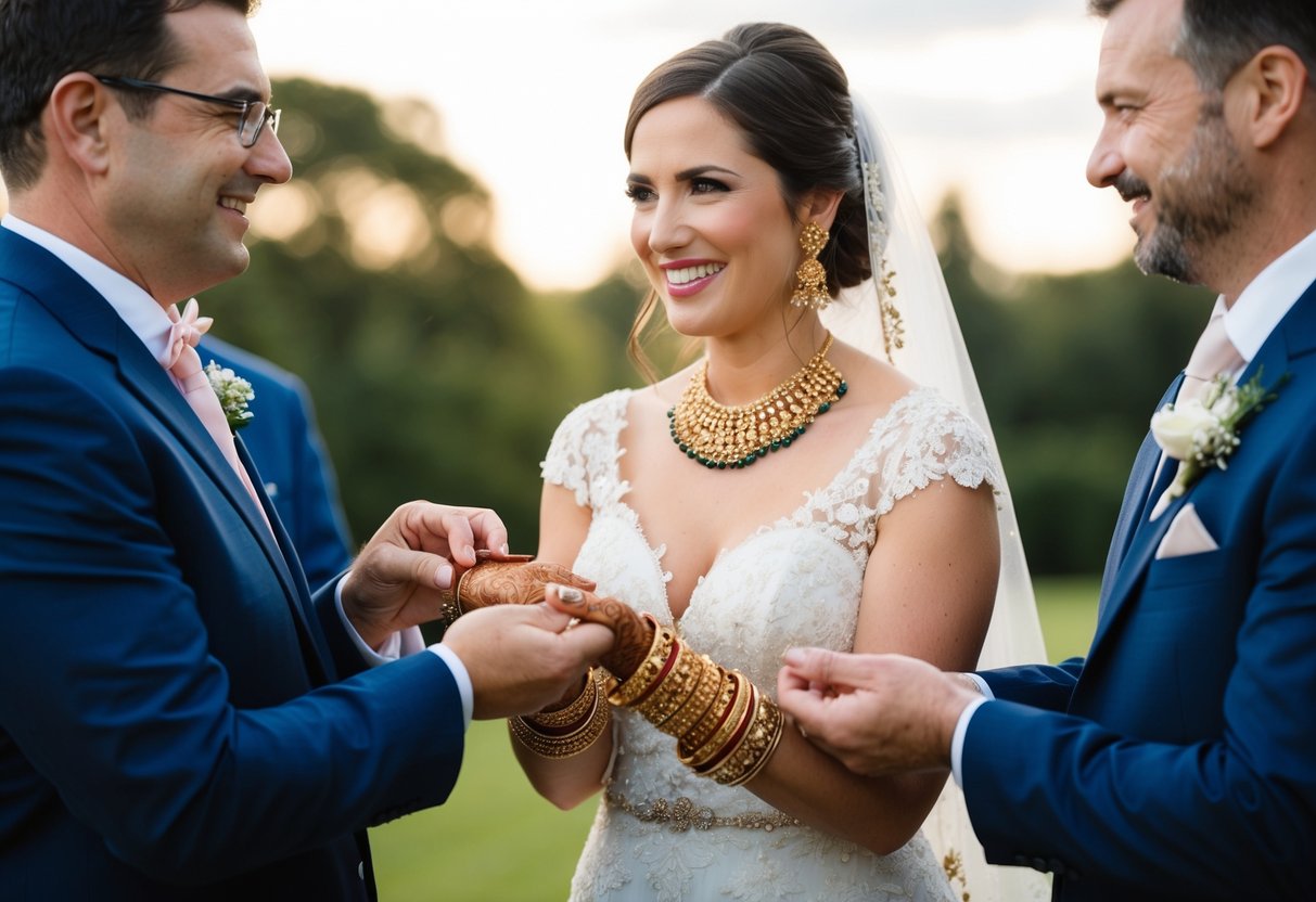 The groom's parents present the bride with a pair of ornate gold bracelets