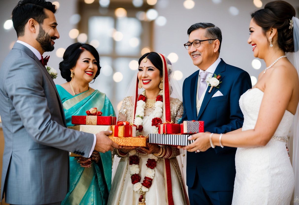 The groom's parents present the bride with a mix of traditional and modern gifts, symbolizing their support and acceptance of her into their family