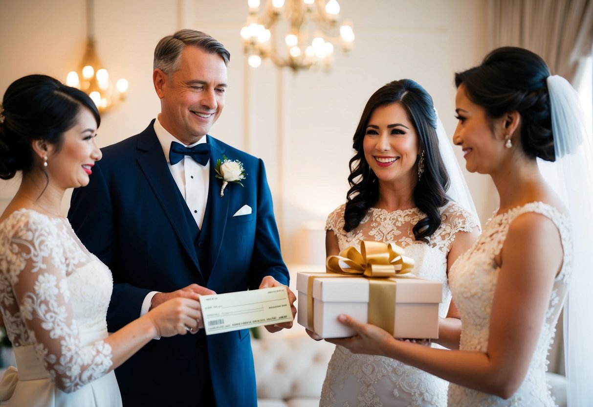 The groom's parents present the bride with a check and a beautifully wrapped gift box