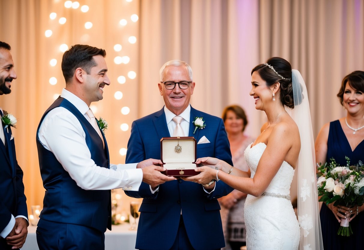 The groom's parents present the bride with a beautiful family heirloom during the wedding ceremony and reception