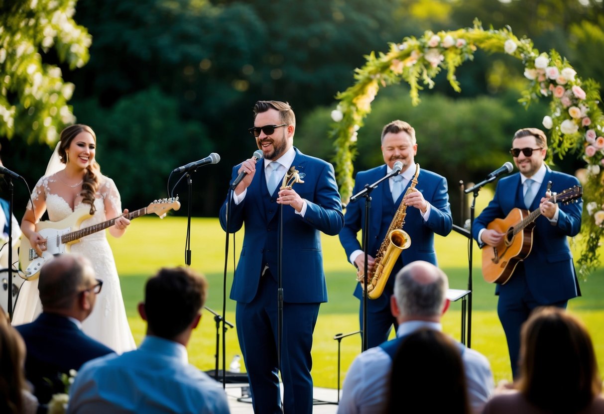 A band performs on stage at a wedding, playing a set of lively songs to entertain the guests
