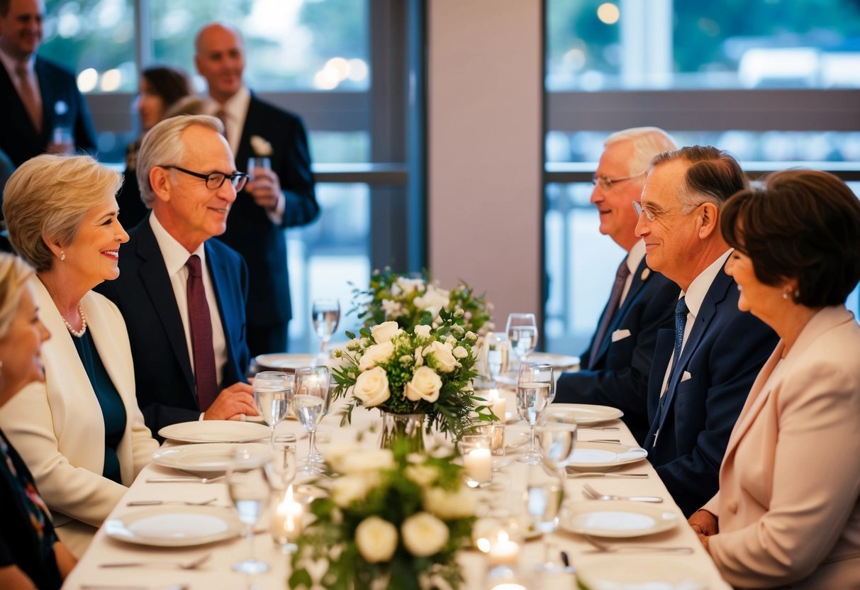 Two separate tables with divorced parents seated apart, politely interacting with other guests