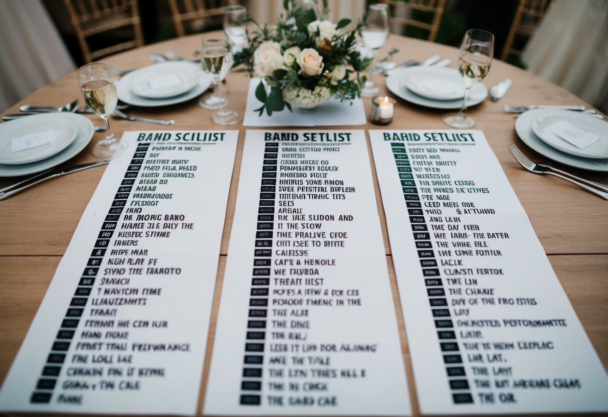 A band's setlist with various song titles and lengths laid out on a table for a wedding performance