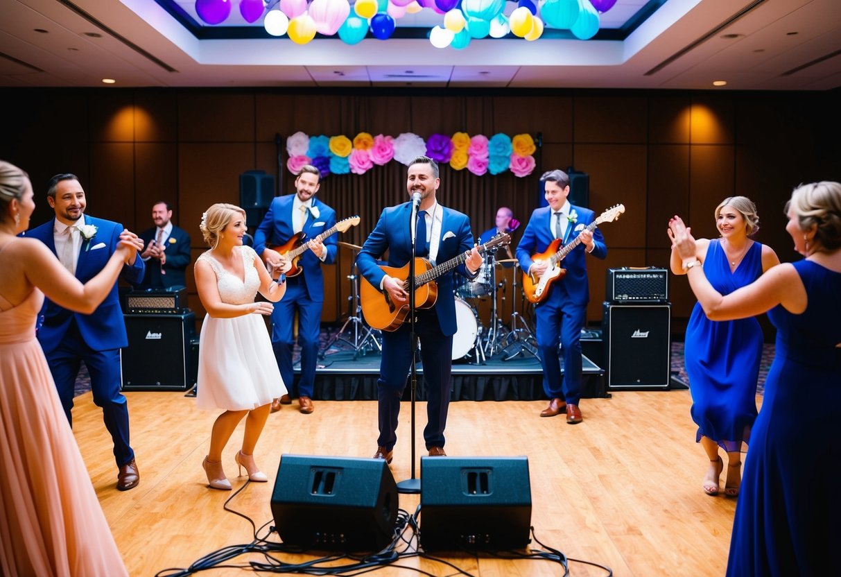 A band performing at a wedding, surrounded by dancing guests and colorful decorations, with musical instruments and amplifiers on stage
