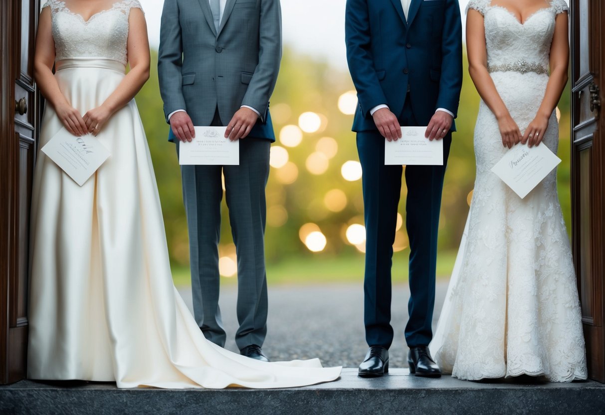 Two figures, each holding a wedding invitation, stand on opposite sides of a threshold, looking uncertain. One figure wears a wedding dress, the other a suit