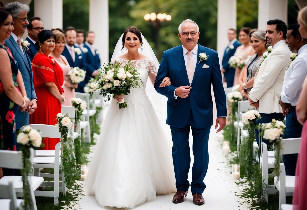 The father of the bride walks his daughter down the aisle, stands by her side, and participates in the traditional rituals of the wedding ceremony