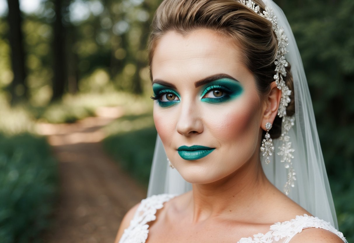A bride with heavy, cakey makeup, clashing with her natural surroundings