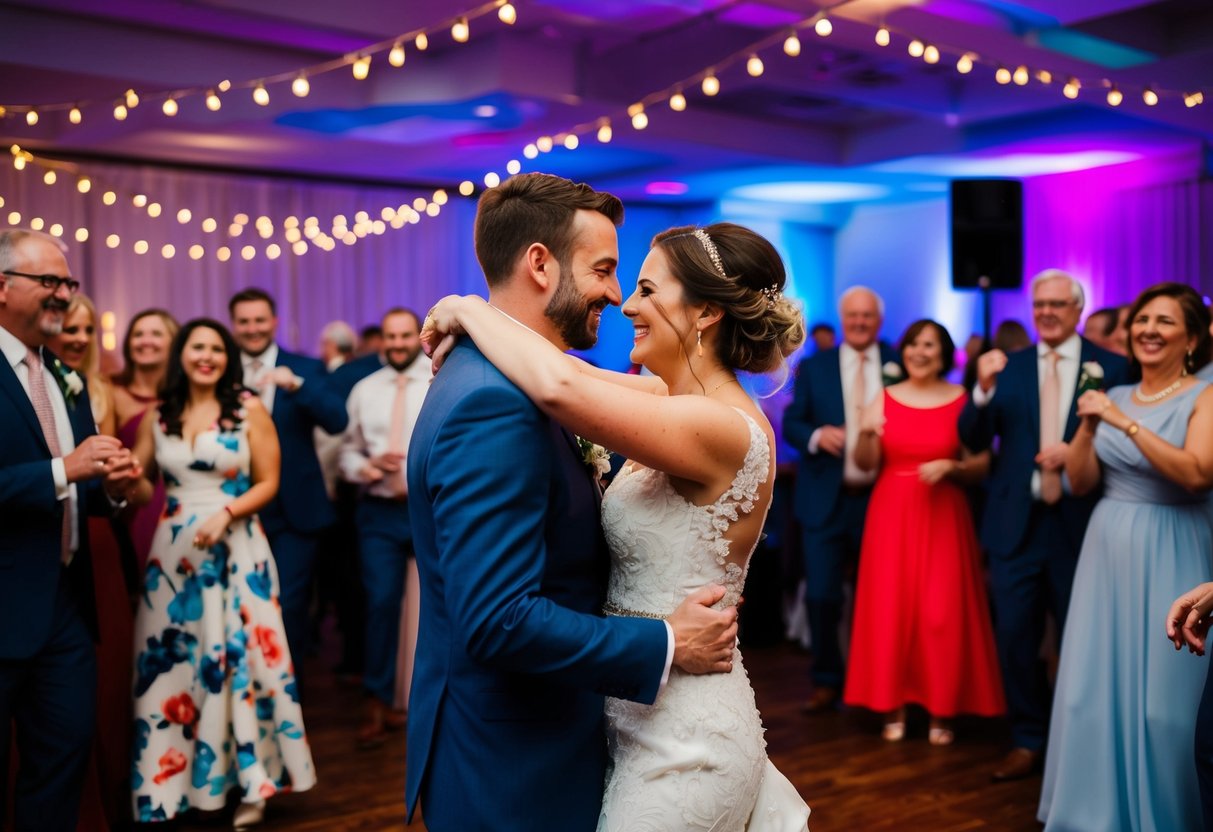 A couple dances together, surrounded by friends and family, as colorful lights illuminate the venue. Music fills the air, adding to the joyful atmosphere of the wedding celebration