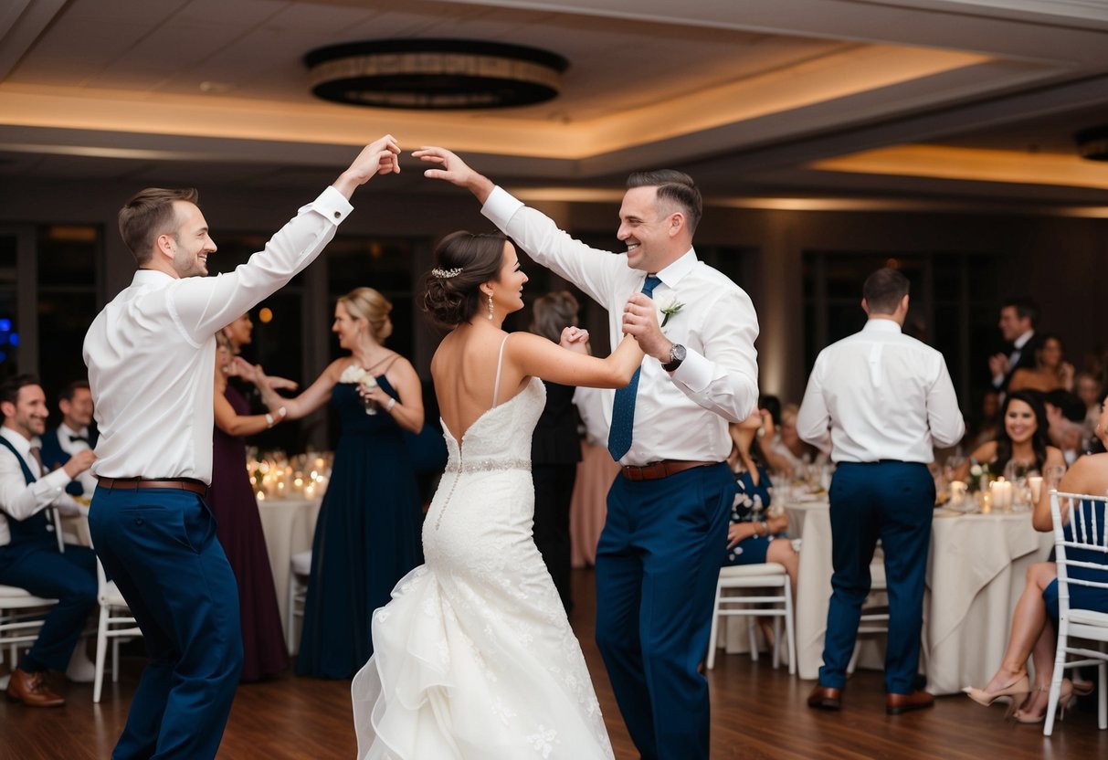 A group of people dancing at a wedding reception while others sit and chat at their tables