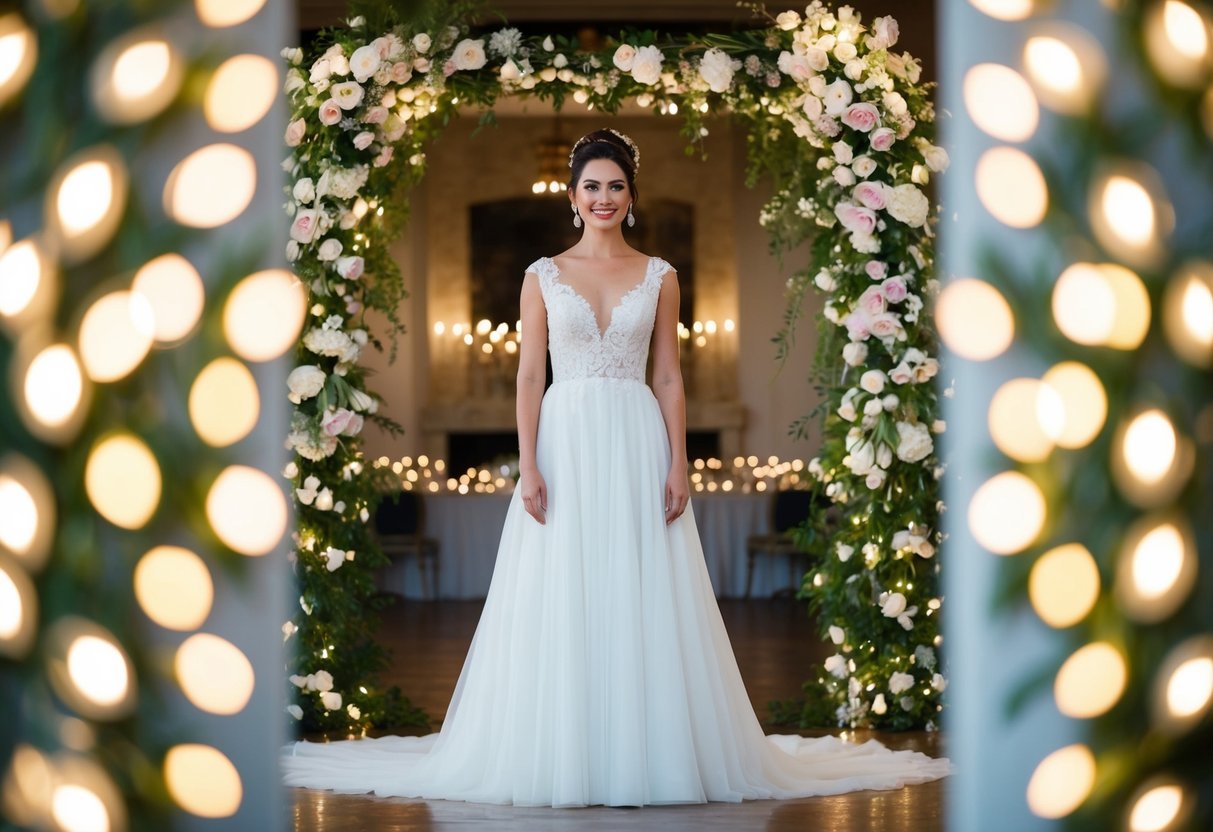 A bride stands in a flowing white gown, surrounded by elegant flowers and twinkling lights, with a sophisticated updo and a radiant smile