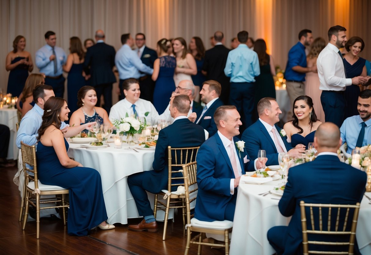 Guests seated at reception tables, chatting and enjoying their meals. Some are on the dance floor, while others mingle or watch from their seats