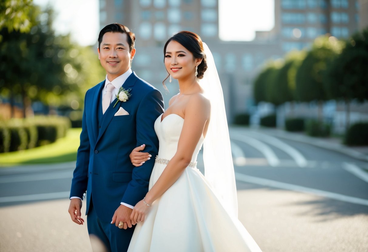 A bride and groom standing side by side, looking elegant and confident on their wedding day