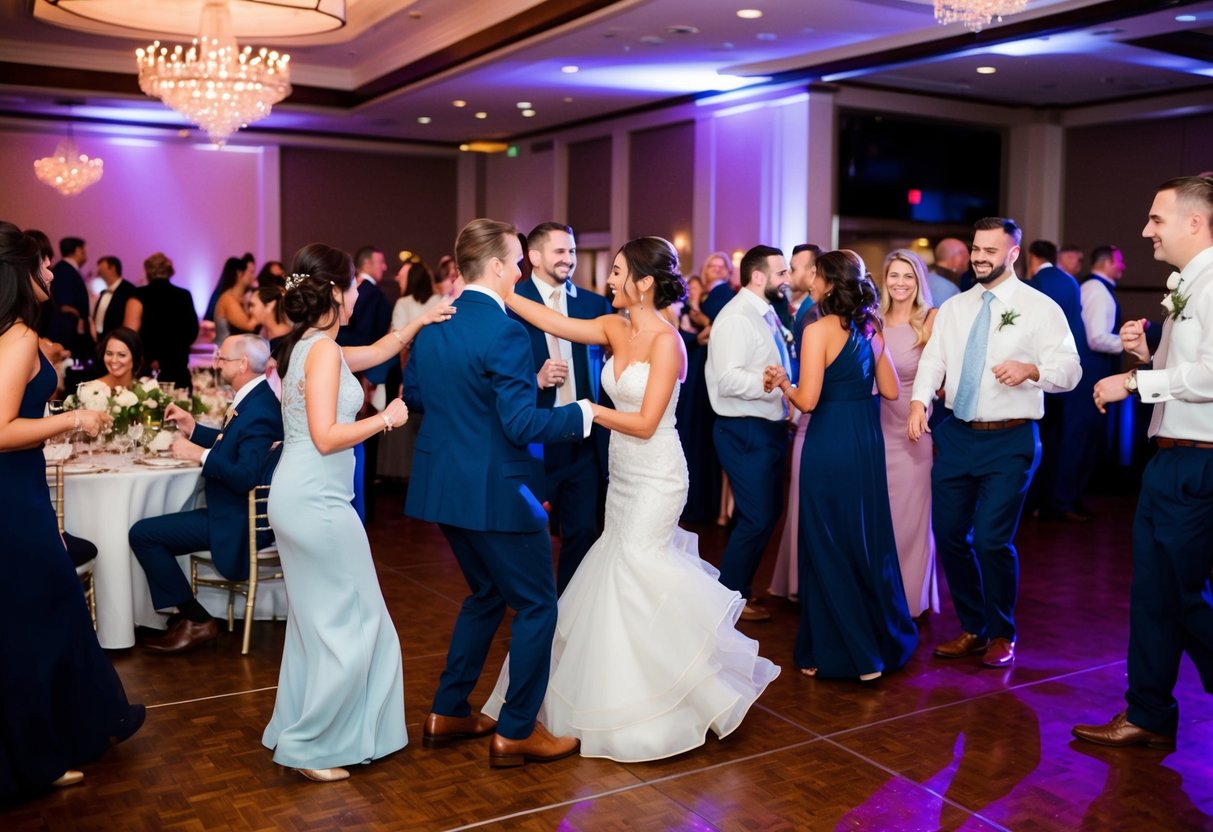 A wedding reception with guests mingling, some dancing on the dance floor, others chatting at tables, and a festive atmosphere