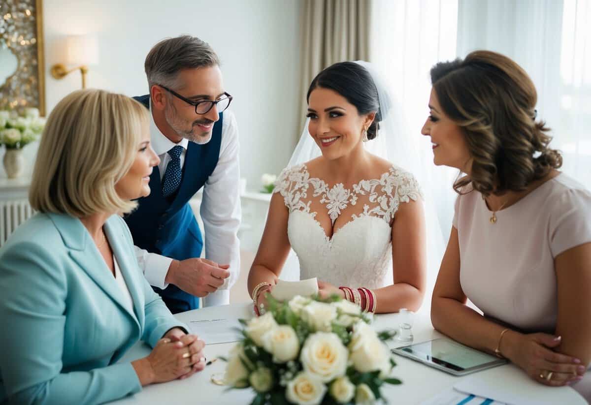 The bride's family discussing pre-wedding and reception expenses with a wedding planner
