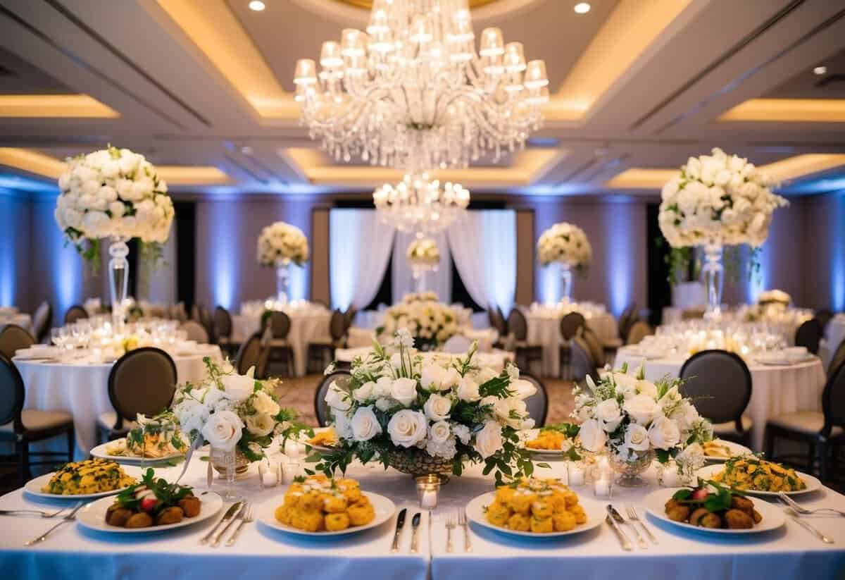 The bride's family pays for the wedding venue, catering, and floral arrangements. A scene could include a beautiful wedding venue with a lavish spread of food and elegant floral decorations