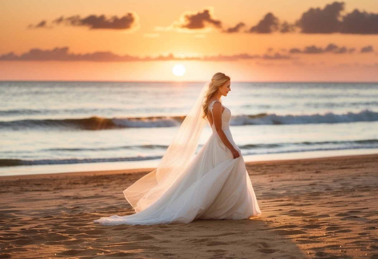 A beach wedding at sunset, with warm golden sand and the bride's flowing white dress glowing in the evening light