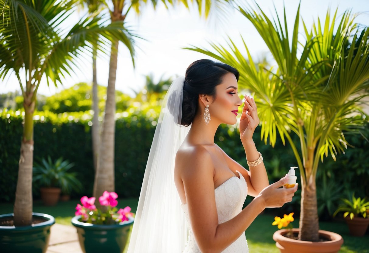 A sunlit garden with a bride's veil fluttering in the breeze, surrounded by potted palm trees and tropical flowers, as she applies tanning lotion to her skin