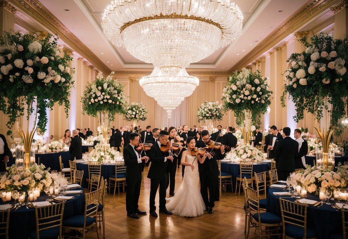 A grand ballroom filled with cascading flowers, crystal chandeliers, and gold accents. A string quartet plays as guests mingle amidst towering centerpieces and candlelit tables