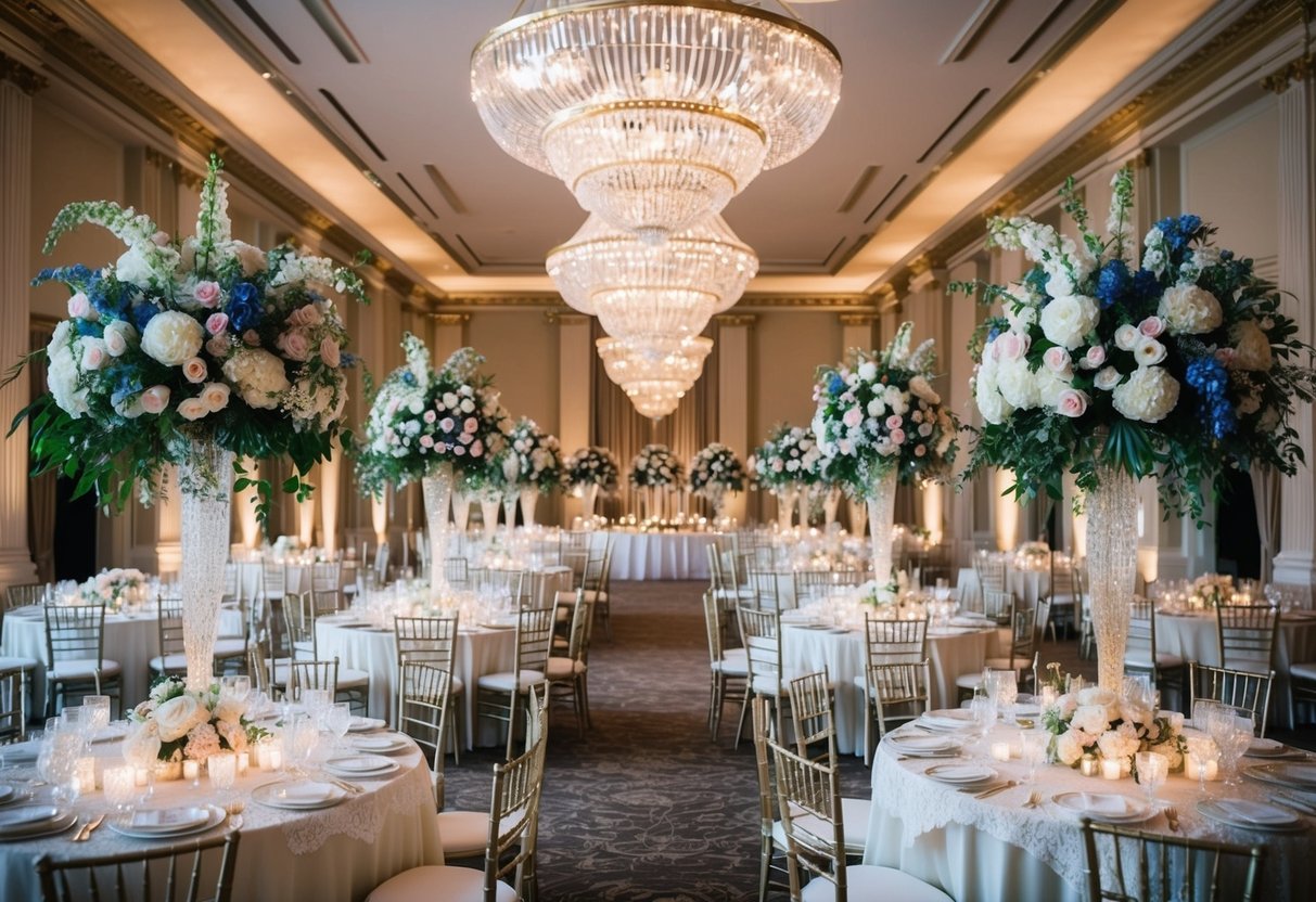A grand ballroom with cascading floral arrangements, crystal chandeliers, and gold accents. Tables adorned with delicate lace and fine china