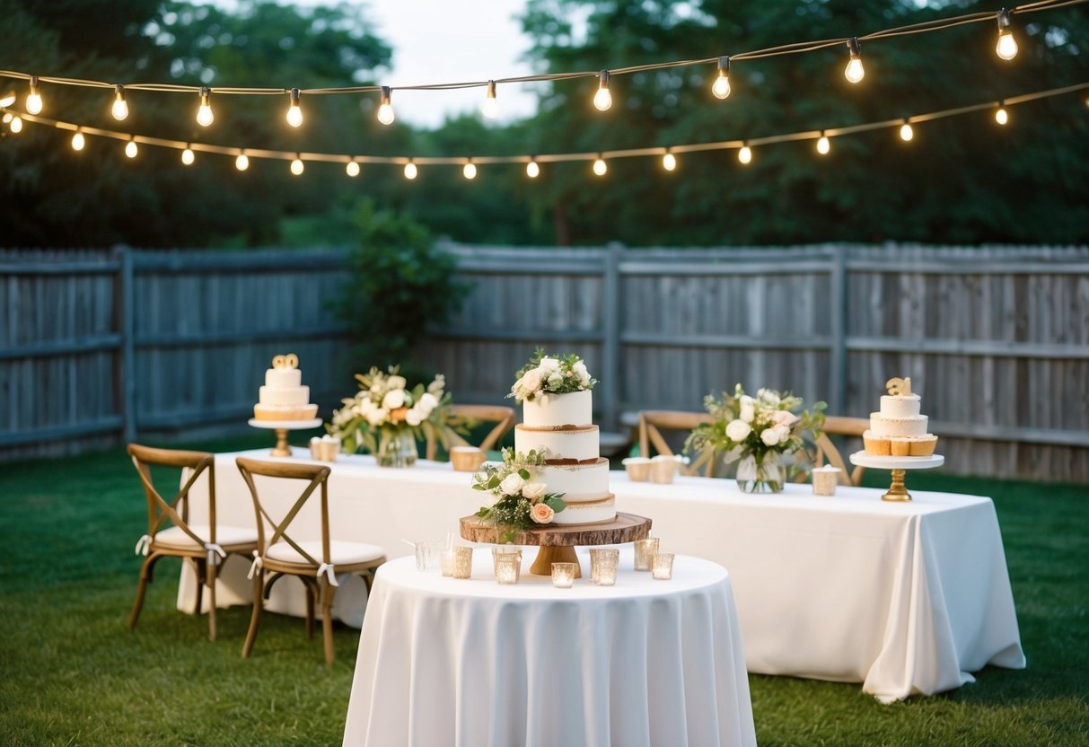 A backyard wedding reception with string lights, floral centerpieces, and a DIY dessert table