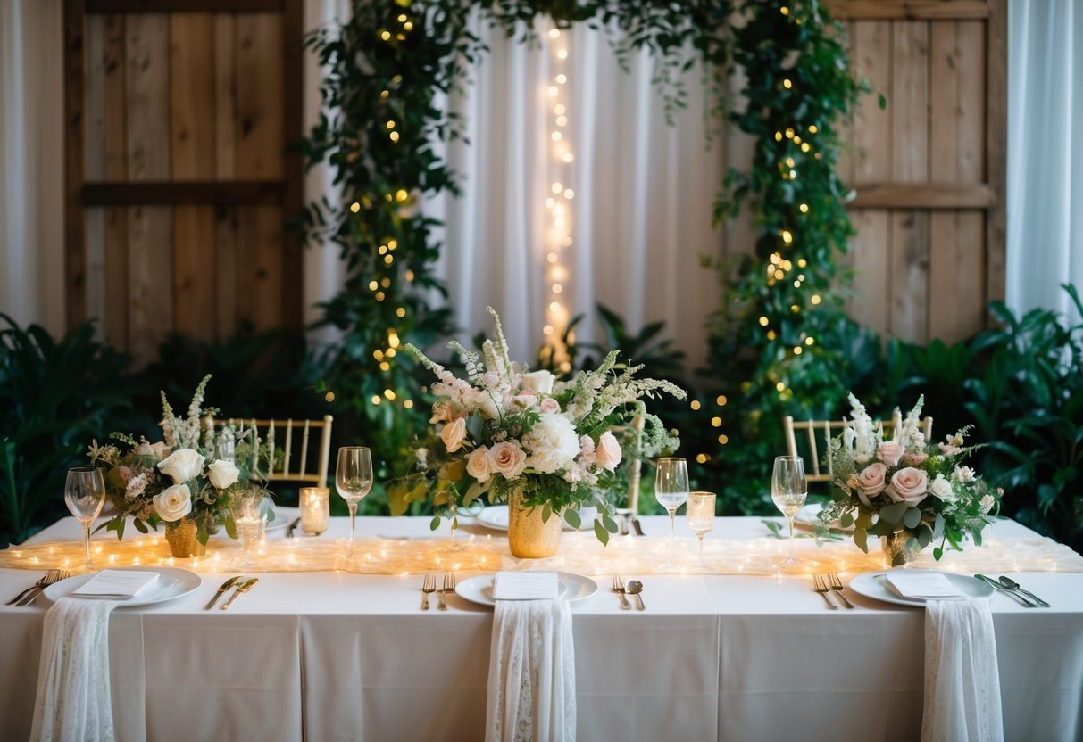 A table adorned with handmade floral centerpieces, surrounded by twinkling fairy lights and draped with delicate fabric, set against a backdrop of rustic wooden panels and lush greenery