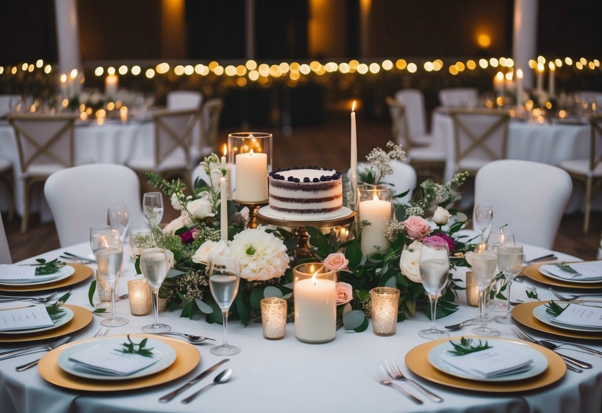 A table filled with wedding reception essentials: flowers, candles, place settings, and a cake, surrounded by chairs and twinkling lights