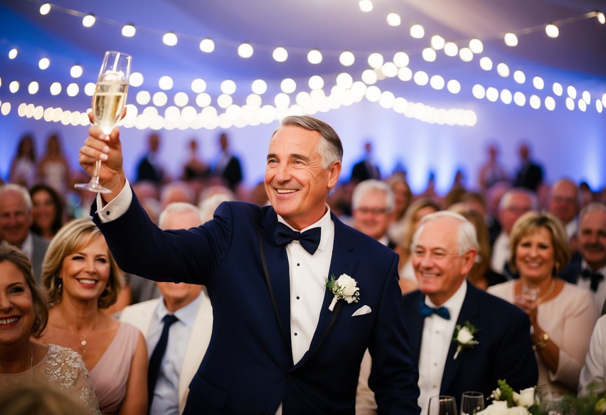 A proud father raising a champagne toast amidst a sea of smiling guests and twinkling lights