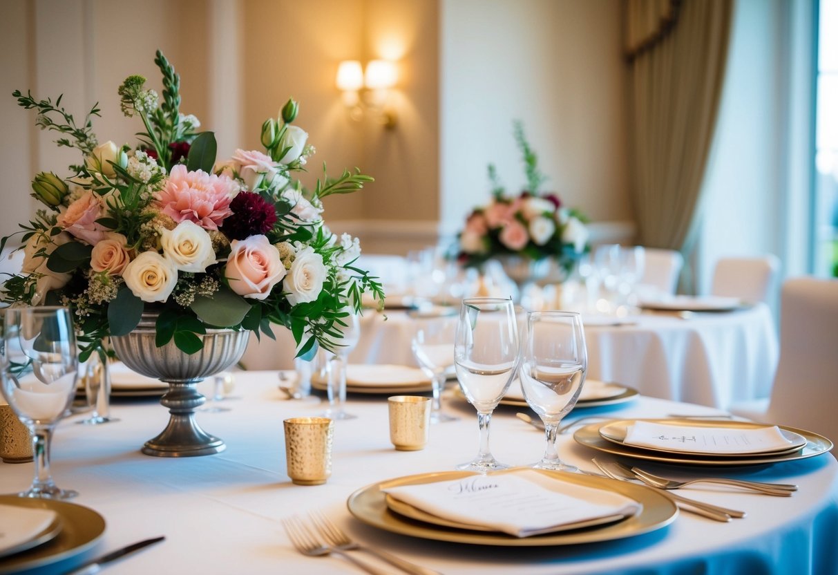 A floral centerpiece and elegant place settings adorn the mother of the bride table