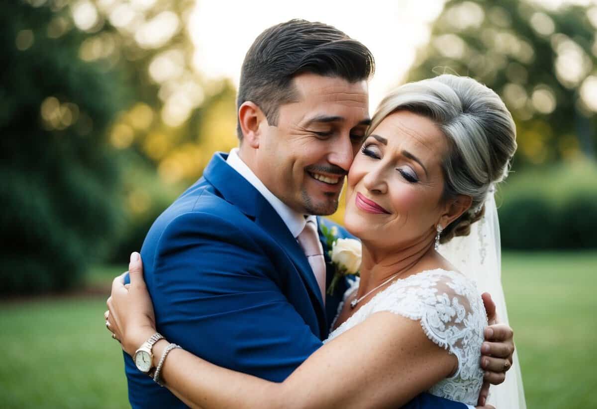 A mother embraces her son, smiling with tears in her eyes, as she whispers words of love and wisdom on his wedding day