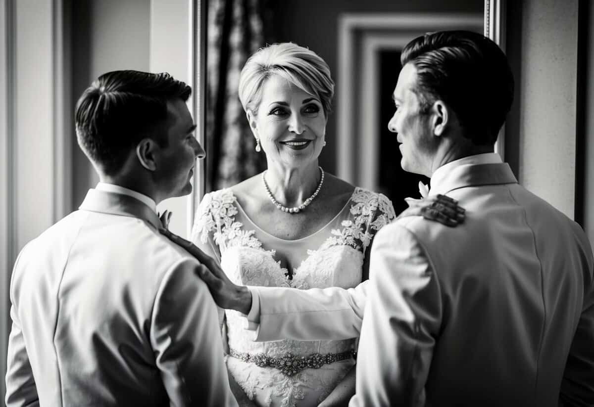 A mother gazing at her son with pride, placing a hand on his shoulder as they stand before a mirror, both dressed in elegant wedding attire