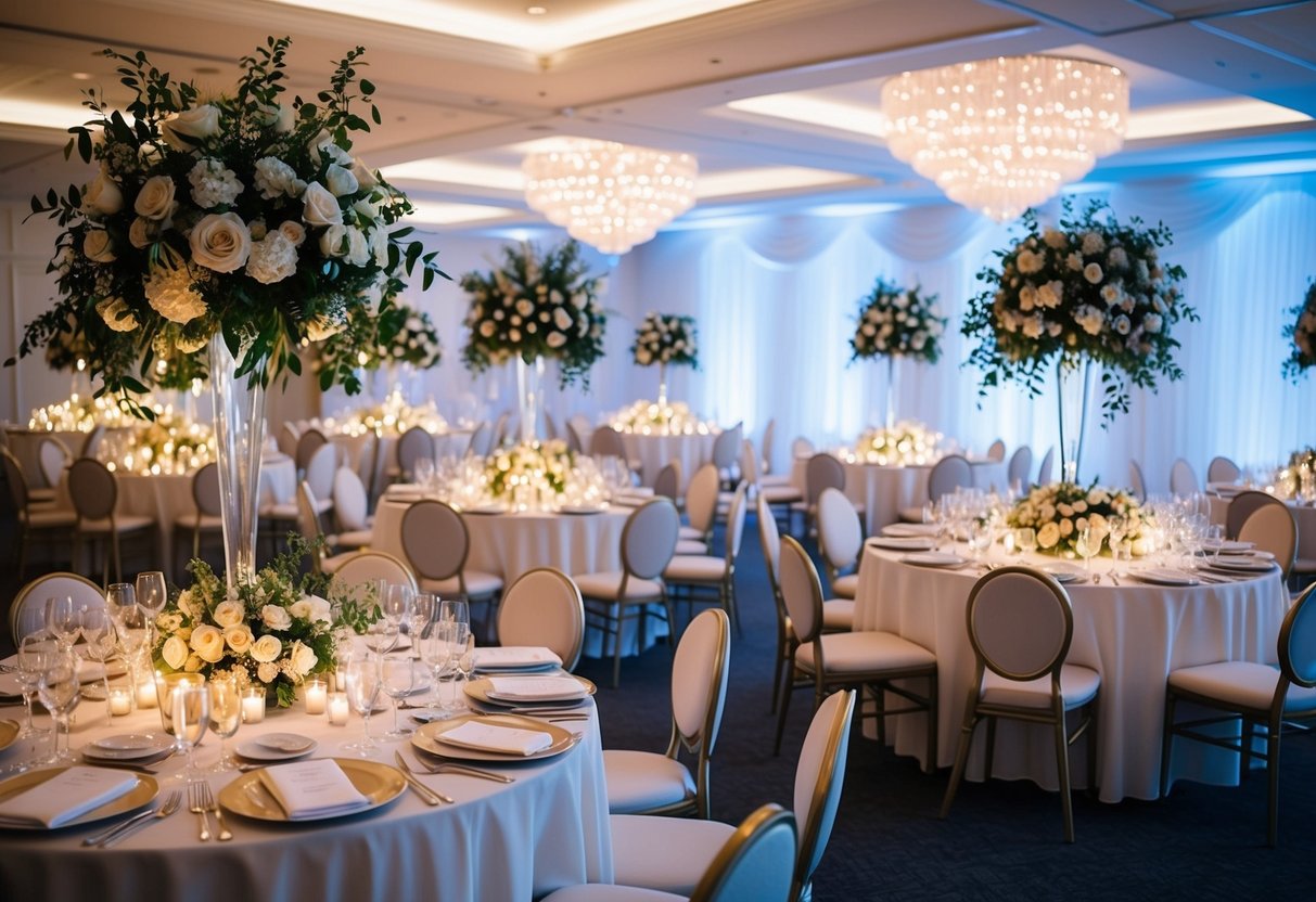 A beautiful wedding venue adorned with elegant floral arrangements, twinkling fairy lights, and luxurious table settings, showcasing the cost of wedding decor in the UK