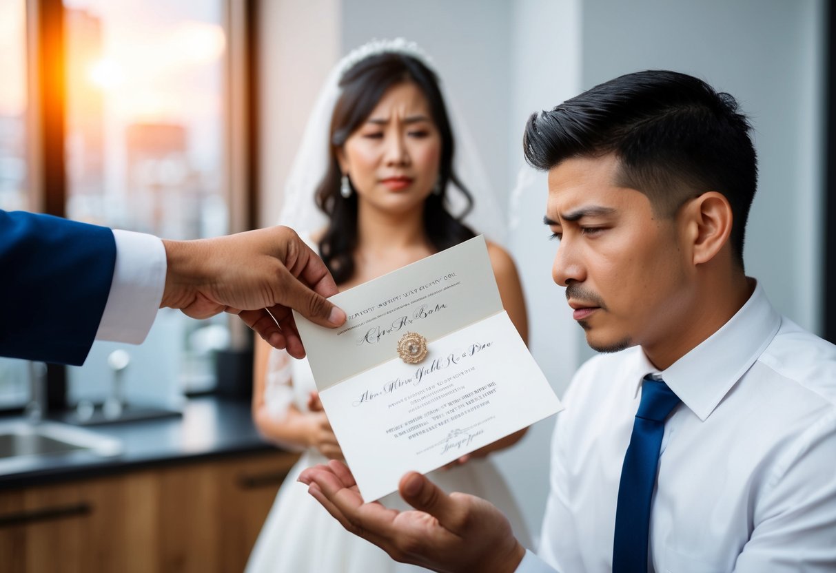 A wedding invitation being handed to one spouse while the other looks on with a disappointed expression