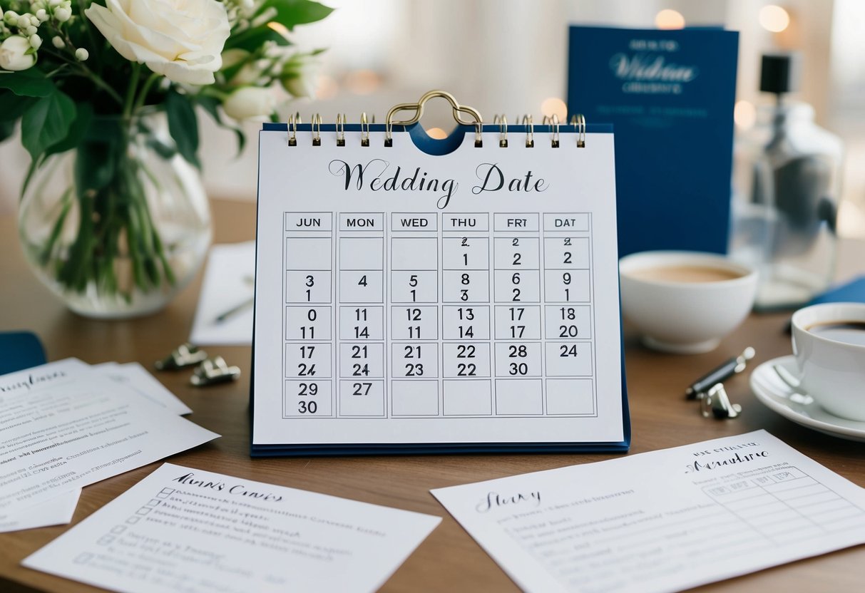 A calendar with a wedding date circled, surrounded by checklists, invitations, and vendor contacts, indicating months of preparation