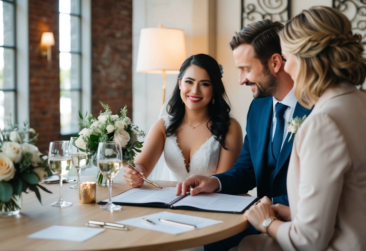 A couple sits at a table with a planner, looking at venue options and style inspiration for their wedding