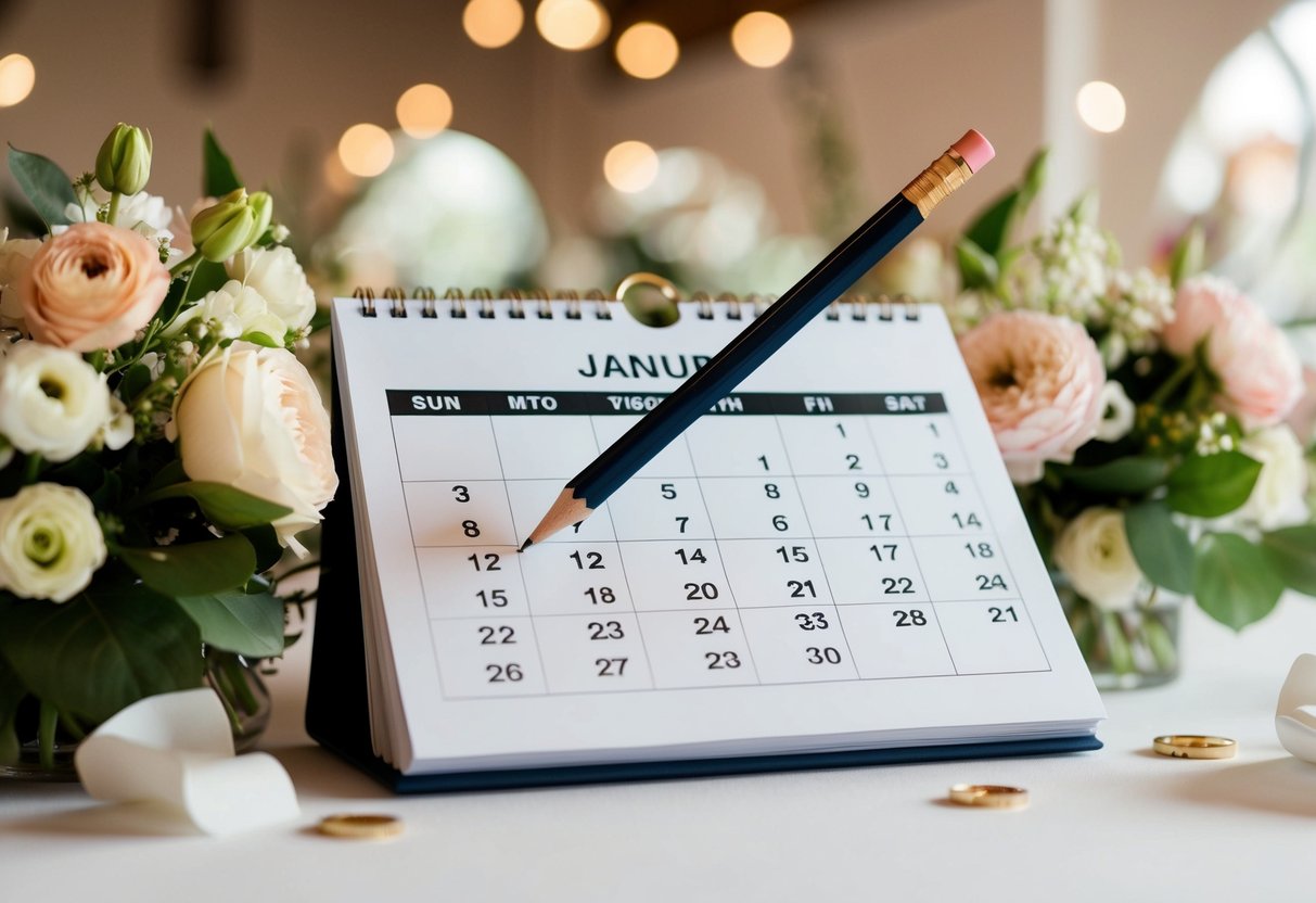 A calendar with a pencil hovering over it, surrounded by flowers and wedding decor