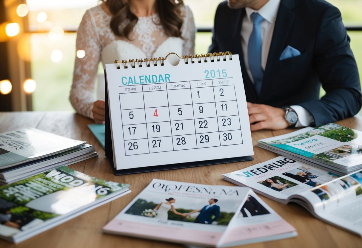 A calendar with various dates circled, surrounded by wedding magazines and a couple discussing options