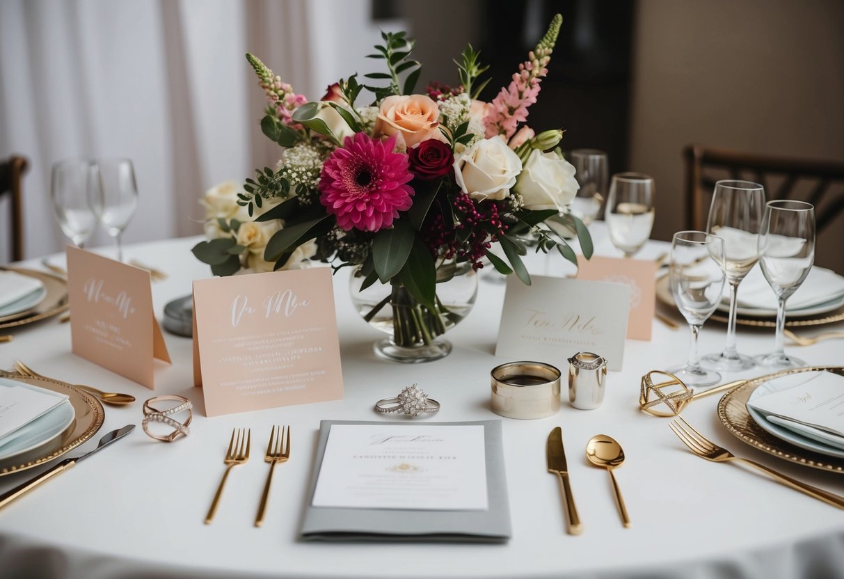 A table with wedding essentials: rings, flowers, invitations, cake, and decorations