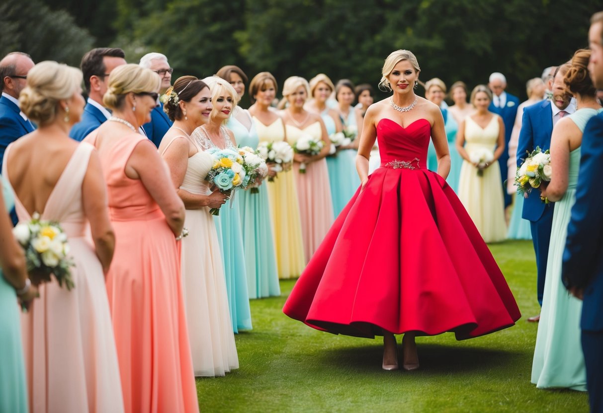 A vibrant red dress stands out among a sea of pastel wedding attire. Guests glance curiously at the bold choice