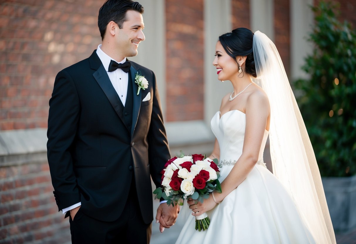 A bride in a traditional white gown stands next to a groom in a black tuxedo. The bride's bouquet includes red roses
