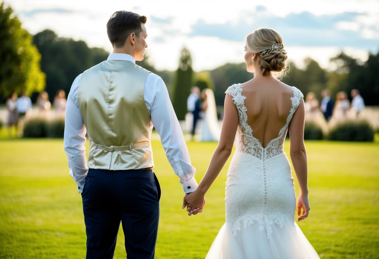A bride and groom stand back to back, holding hands, with a beautiful outdoor wedding venue in the background