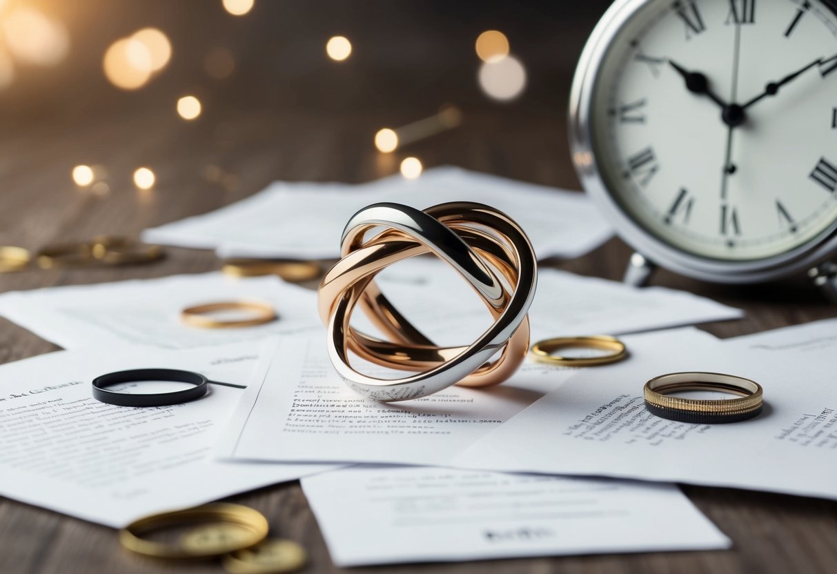 A tangled knot of two wedding rings, surrounded by scattered papers and a ticking clock