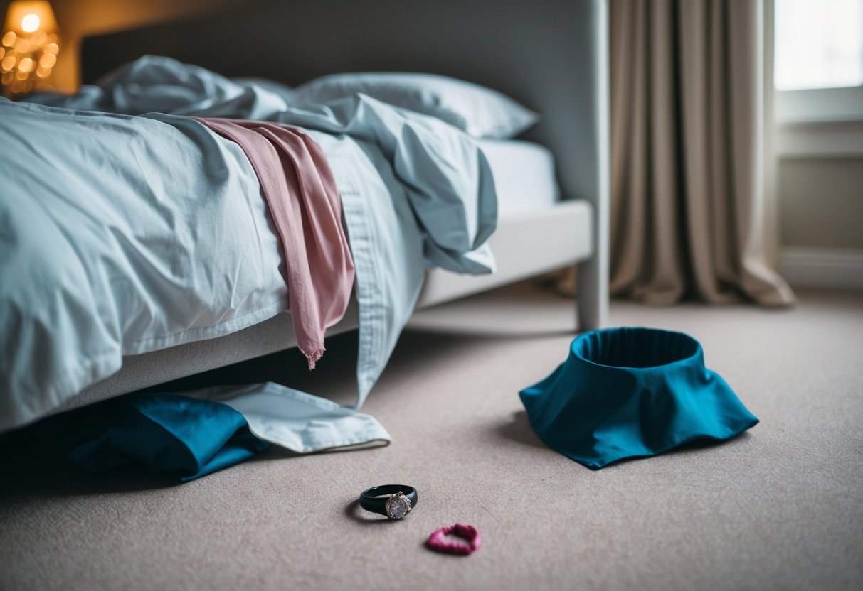 A disheveled bed with a crumpled sheet and a lipstick-stained collar on the floor. A wedding ring sits abandoned on the bedside table