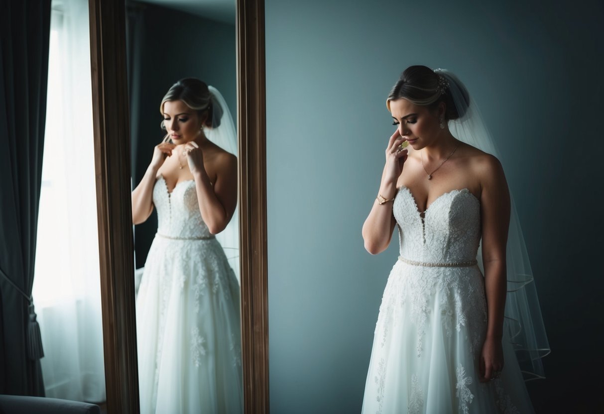 A bride stands alone in a dimly lit room, gazing at her reflection in a full-length mirror, her face filled with a mix of sadness and regret