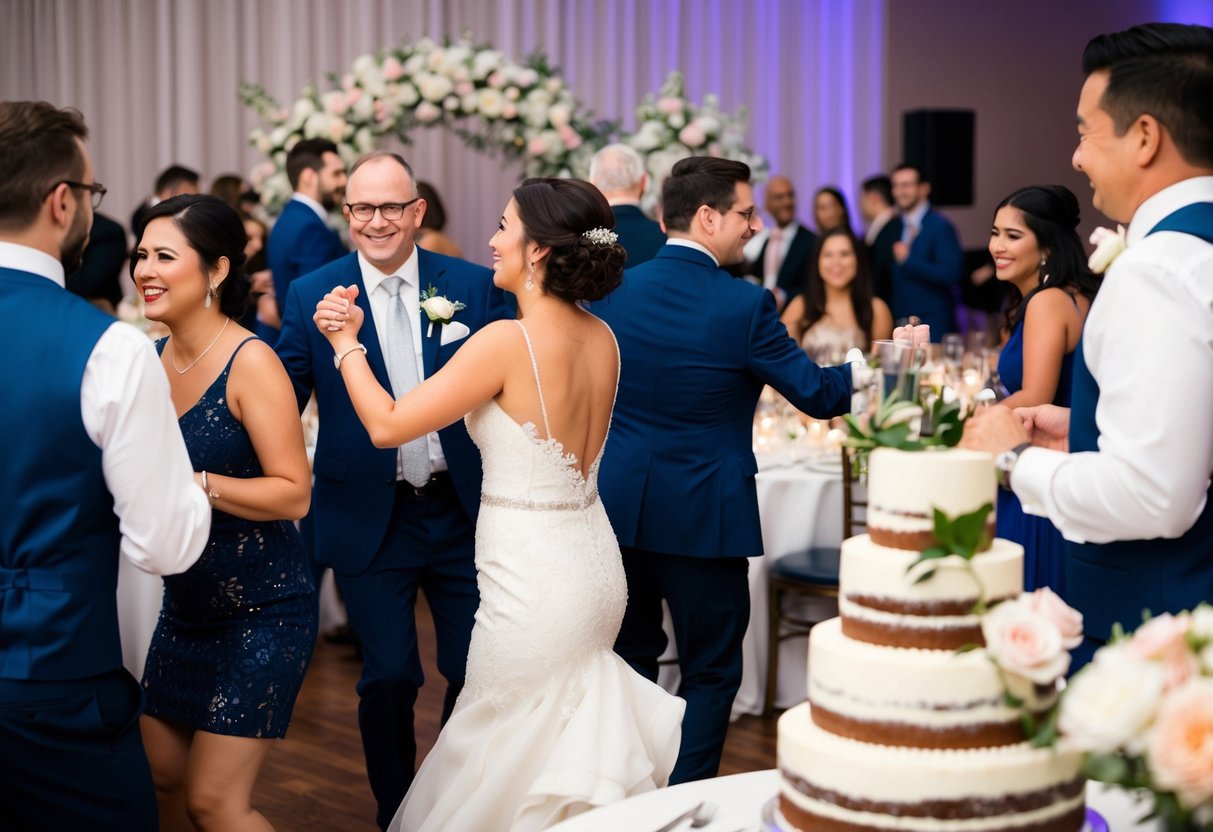Guests mingling at a wedding reception, some dancing, others seated at tables, with a beautiful cake and flowers as the backdrop