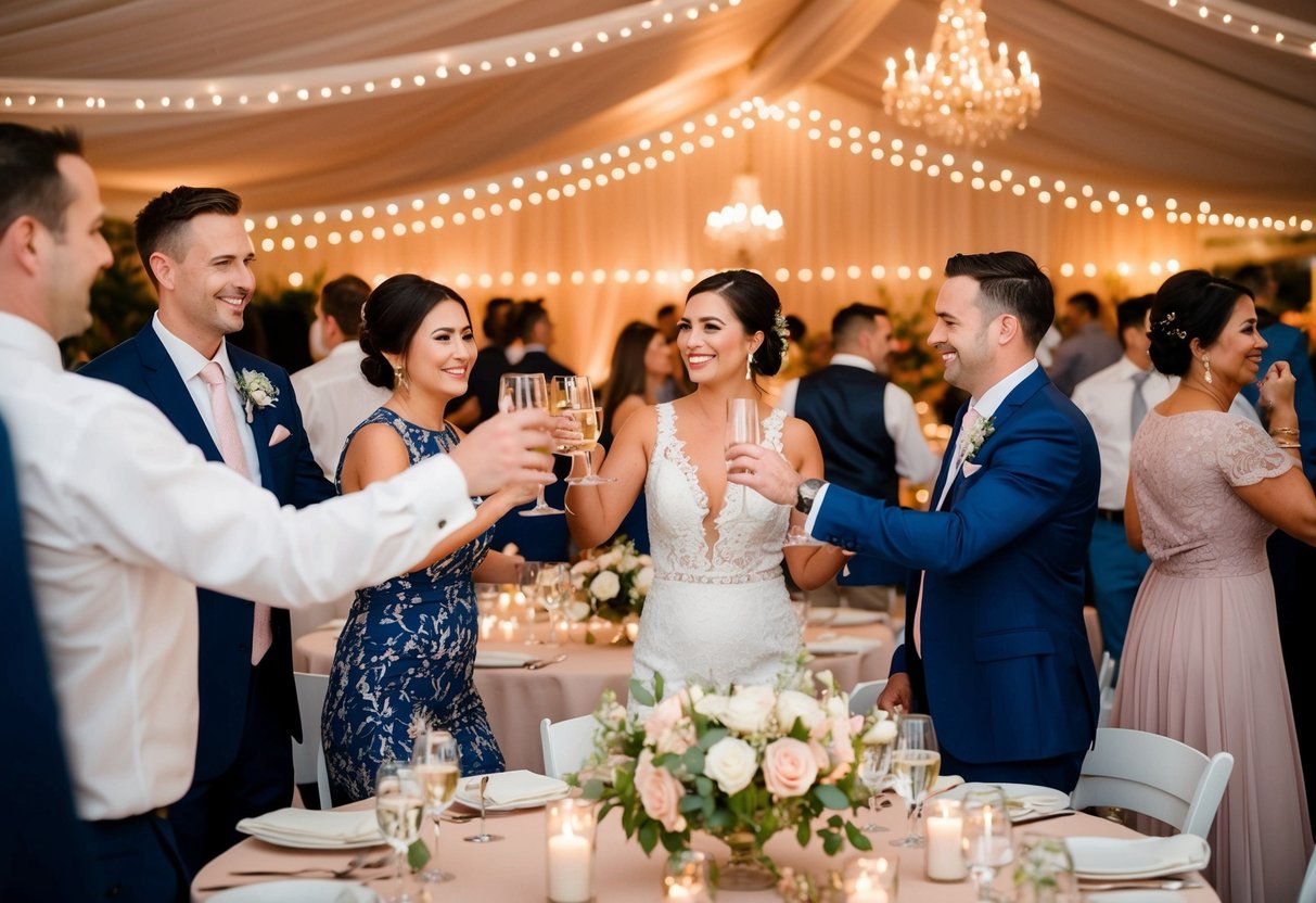Guests mingling, clinking glasses, and dancing under twinkling lights at a wedding reception. Tables decorated with flowers and candles, creating a warm and elegant atmosphere