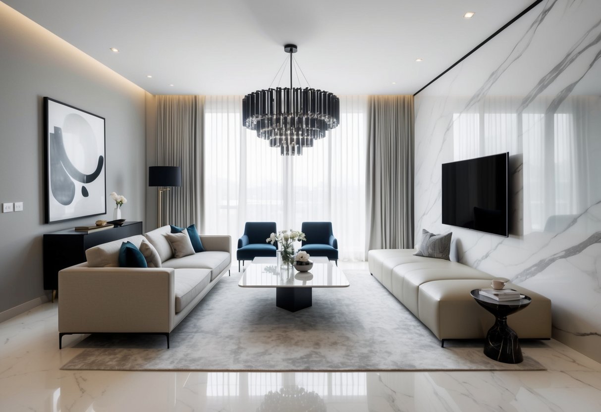 A sleek, modern living room with minimalist furniture, marble accents, and a statement chandelier