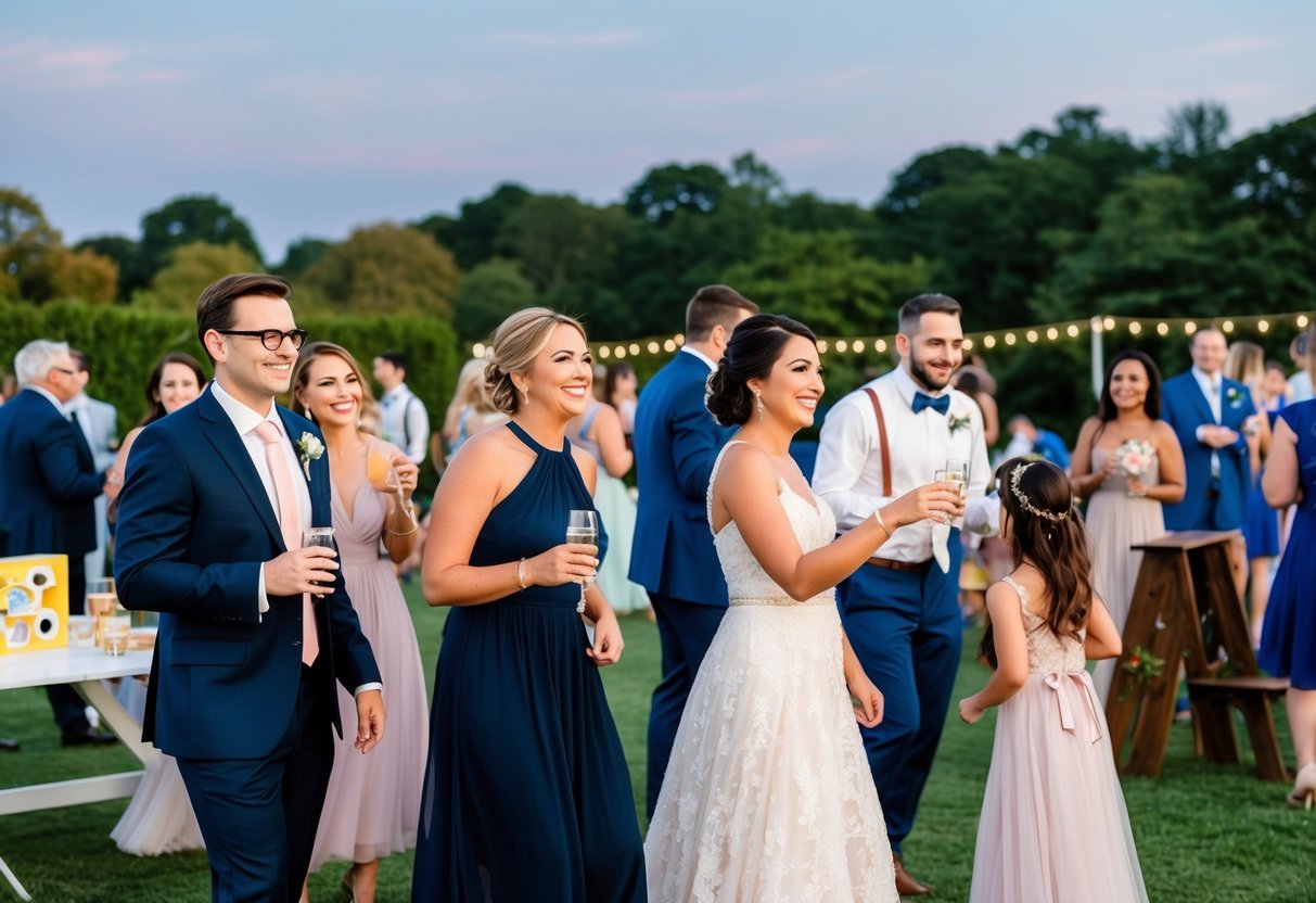 Guests mingling at a wedding reception, enjoying additional activities such as photo booths, lawn games, and dancing
