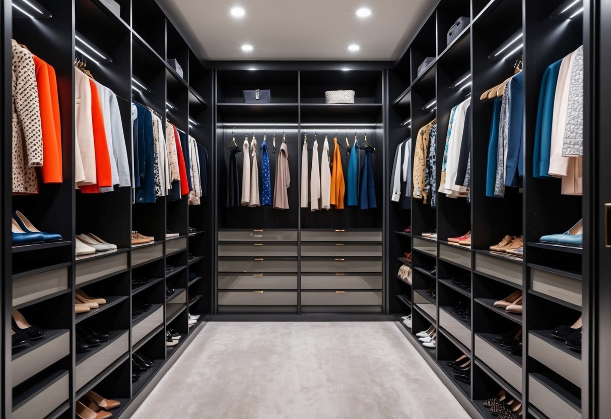 A luxurious walk-in closet with organized rows of designer clothing, elegant accessories, and high-end shoes displayed on sleek shelves and racks